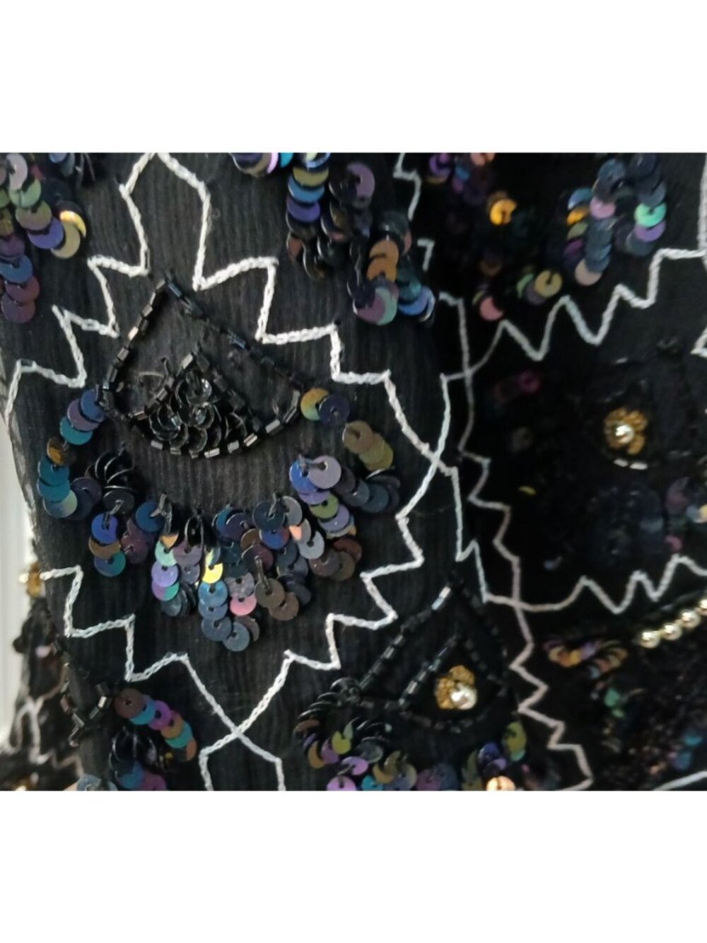 VTG Laurence Kazar Sz L Black Silver 100% Silk Sequin Bead Jacket Formal  #T-27 - Picture 10 of 12